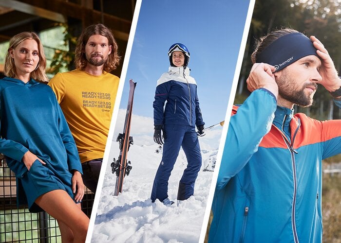 Collage aus drei Szenen: Zwei Personen, sportlich lässigem Outfit. Person in Winterkleidung mit Skiern im Schnee vor Bergen. Eine Person mit Stirnband und Sportjacke auf einem Pfad im Wald.