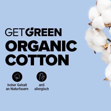 Get Green Organic Cotton. Die Vorteile sind mit Icons abgebildet.