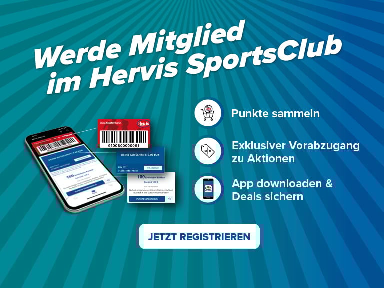 Punkte sammeln Exklusiver Vorabzug zu Aktionen App Downloaden&amp; Deals sichern Werde Mitglied im Hervis Sports Club Jetzt registrieren