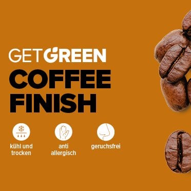 Get Green Coffee Finish. Die Vorteile sind mit Icons abgebildet.