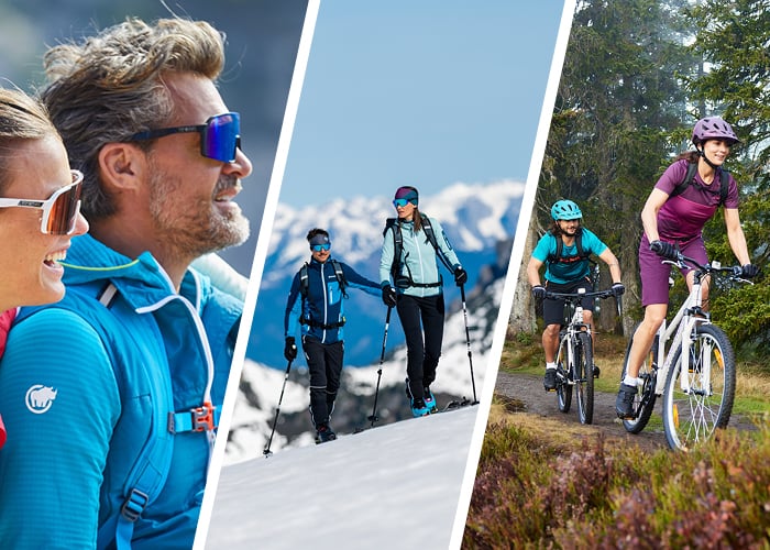 Das Bild hat drei Abschnitte. Abschnitt 1: zwei Personen in Outdoor-Kleidung am Berg Abschnitt 2: zwei Personen, die eine Skitour gehen. Abschnitt 3: zwei Personen, die auf einem Waldweg Fahrrad fahren.