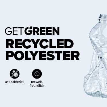 Get Green Recycled Polyester. Die Vorteile sind mit Icons abgebildet.