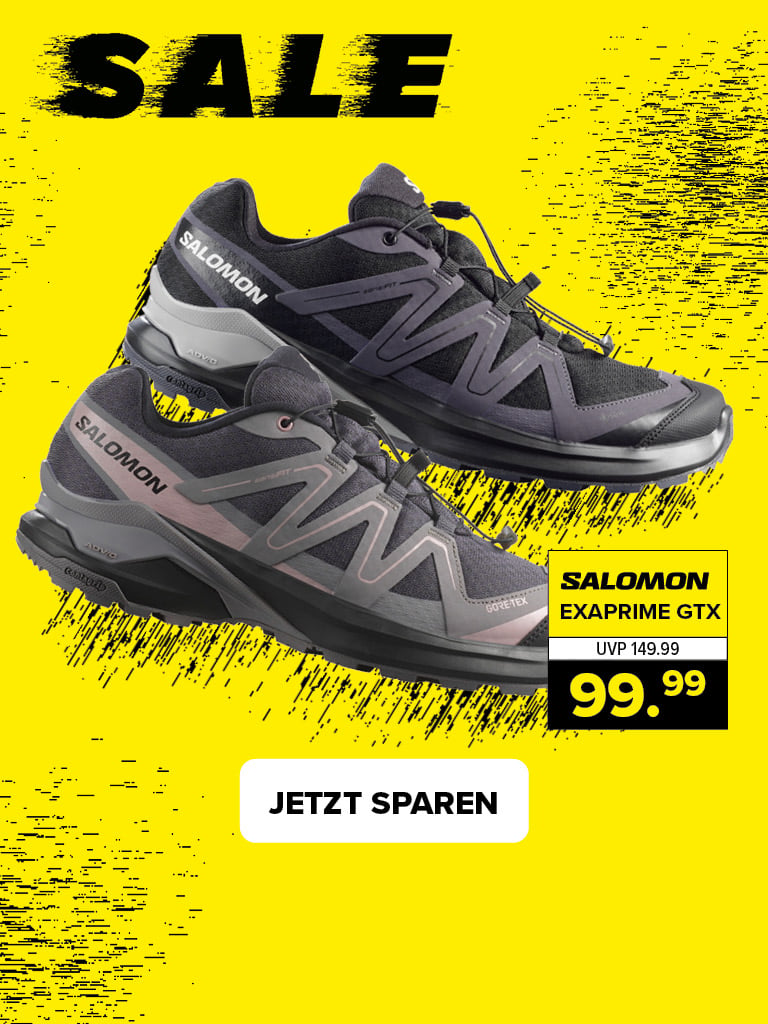 Zwei Salomon Wanderschuhe Exaprime GTX in Schwarz und Grau, seitlich dargestellt, auf gelbem Sale-Hintergrund. Reduzierter Preis von 149,99 € auf 99,99 € mit „Jetzt sparen“-Hinweis.