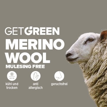 Get Green Merino Wool mulesing free. Die Vorteile sind mit Icons abgebildet.