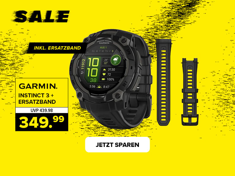 Schwarze Garmin Instinct 3 Smartwatch mit Zusatzarmband. Preisaktion mit Anzeige „349,99“ und Hinweis „inkl. Ersatzband“ sowie Button „Jetzt sparen“.