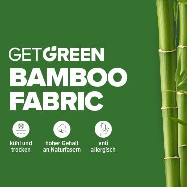 Get Green Bamboo Fabric. Die Vorteile sind mit Icons abgebildet.