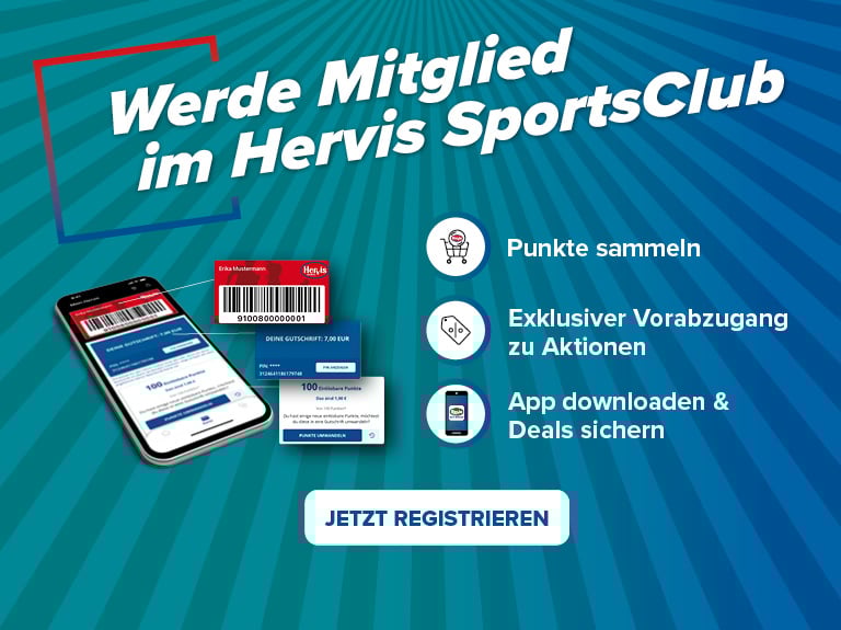 Werde Mitglied im Hervis SportsClub   Vorteile: Punkte sammeln, exklusiver Vorabzugang zu Aktionen, App downloaden &amp; Deals sichern   Jetzt registrieren