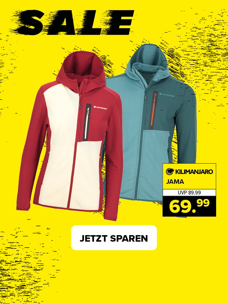 Kilimanjaro Outdoorjacken in Rot/Beige und Blau mit Kapuze, als Sale-Angebot. Preisaktion mit „JETZT SPAREN“ und reduziert auf 69,99 € (UVP 89,99 €).
