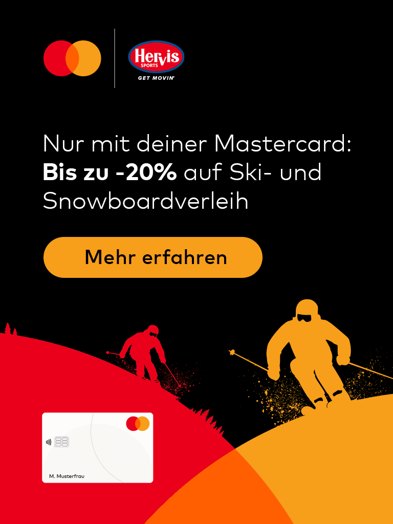 Nur mit deiner Mastercard:Bis zu minus 20% auf Ski - und Snowboardverleih Mehr Erfahren Hervis Sports Get Movin
