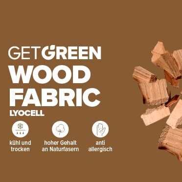 Get Green Wood Fabric Lyocell. Die Vorteile sind mit Icons abgebildet.