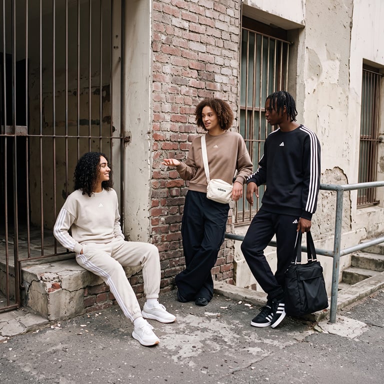 Zu sehen sind zwei Frauen und ein Mann wie sie in einer Gruppe stehen mit Adidas Lifestyle Klamotten