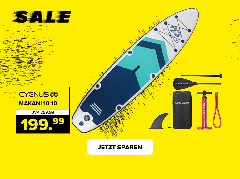 Aufblasbares Stand-up-Paddle-Board „Cygnus Makani 10’10“ im Set mit Paddel, Pumpe und Tasche, auf gelbem Sale-Hintergrund. Preis reduziert von 299,99 € auf 199,99 €.
