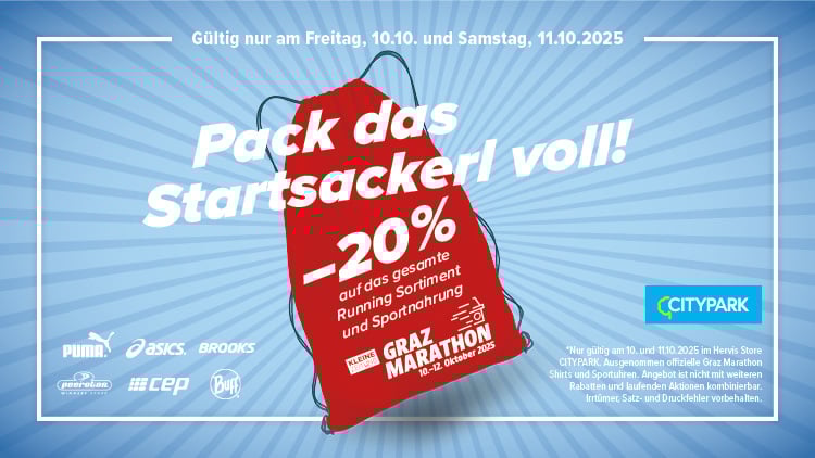 Pack das Startsackerl voll. -20% auf das gesamte Running Sortiment und Sportnahrung. Gültig nur am Freitrag 10.10. und Samstag 11.10.2025 im hervis Store Citypark Graz