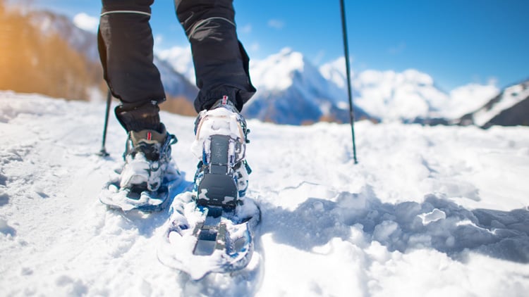 Nahaufnahme einer Person mit Schneeschuhen, die auf verschneitem Gelände geht und Skistöcke zur Unterstützung verwendet. Im Hintergrund sind schneebedeckte Berge unter klarem blauem Himmel zu sehen