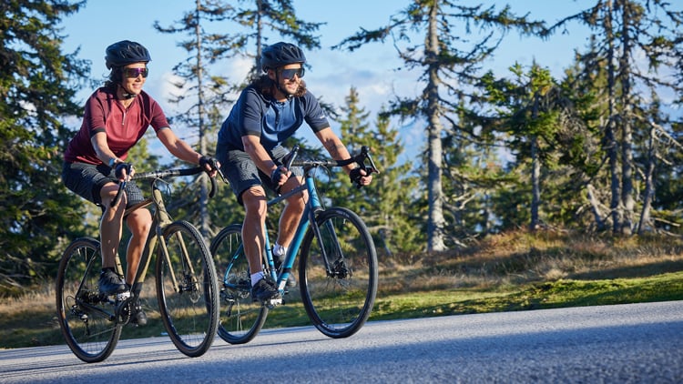 Zwei Personen auf Gravelbikes fahren auf einer Straße durch eine landschaftlich reizvolle Umgebung mit Bäumen und Bergen; beide tragen Helme und Fahrradbekleidung.