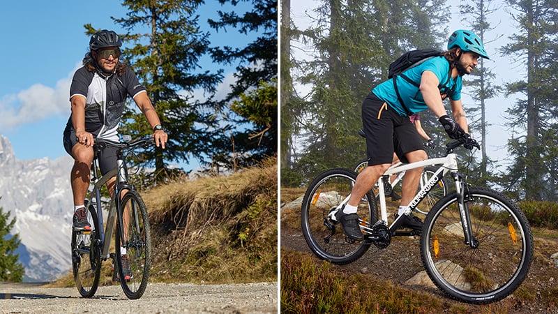Zweiteiliges Bild: Links eine Person mit einenm Crossbike auf einem Schotterweg mit Bergen und Bäumen im Hintergrund, in schwarz-weißer Radkleidung. Rechts eine Person auf einem Mountainbike im Wald, mit blauem Helm und türkisfarbenem Shirt.