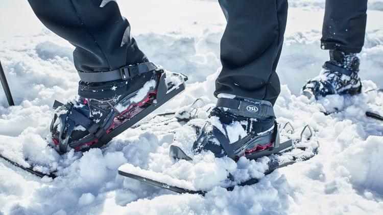 Nahaufnahme von zwei Füßen mit Schneeschuhen, die auf Schnee stehen. Die Schneeschuhe haben schwarze und rote Riemen und sind teilweise mit Schnee bedeckt. Die Person trägt schwarze Hosen