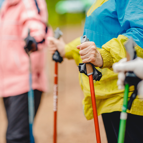 Zwei Personen beim Nordic Walking. Die vordere Person trägt eine gelb-blaue Jacke und hält einen roten Stock, die hintere Person trägt eine rosa Jacke und hält einen blauen Stock