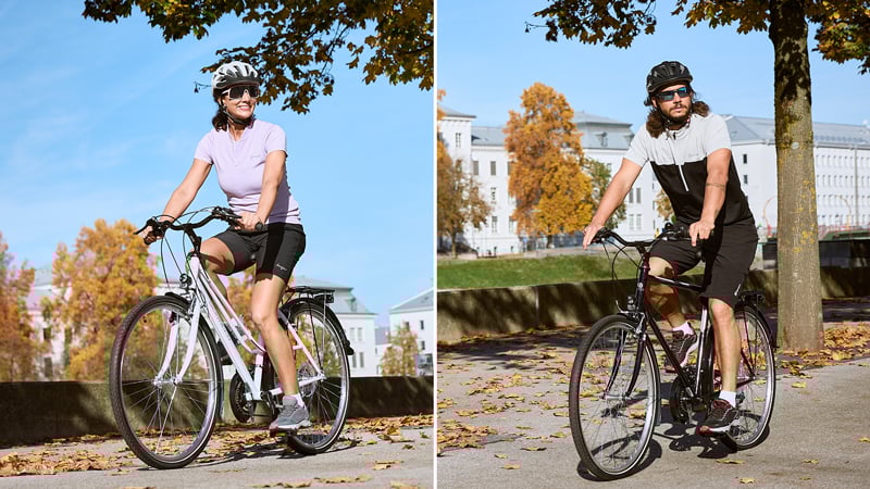 Zweiteiliges Bild: links eine Person auf einem weißen Citybike mit pinkem Shirt und schwarzer Shorts, rechts eine Person auf einem schwarzen Trekkingbike mit weißem Shirt und roten Schuhen; beide mit Helm, im herbstlichen Outdoor-Umfeld.