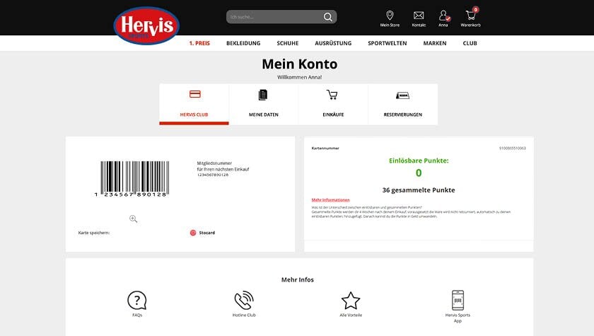 Ansicht des 'Mein Konto' Bereichs eines eingeloggten Kunden