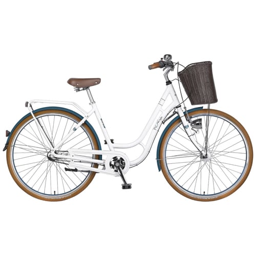 Weißes Citybike mit braunem Sattel und Lenker, blau akzentuierten Felgen, Frontkorb und tiefem Einstieg für komfortables Auf- und Absteigen.