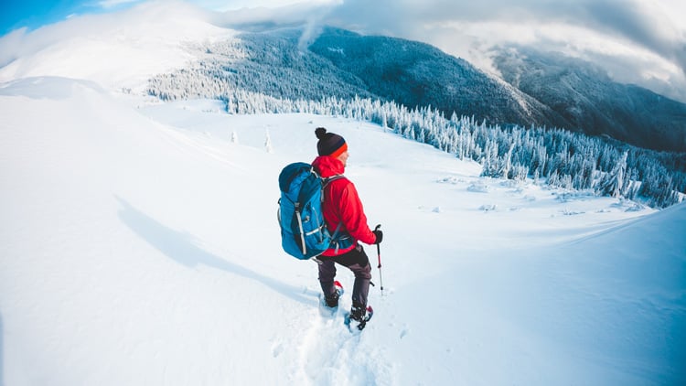 Eine Person in Winterkleidung mit roter Jacke, schwarzer Hose und blauem Rucksack steht auf einem verschneiten Berghang. Sie hält Wanderstöcke und scheint zu wandern oder Schneeschuh zu laufen. Im Hintergrund sind schneebedeckte Bäume und Berge unter einem teils bewölkten Himmel zu sehen