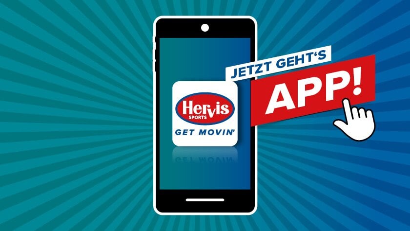 Jetzt geht's App. Handy mit der Hervis App ist zu sehen.