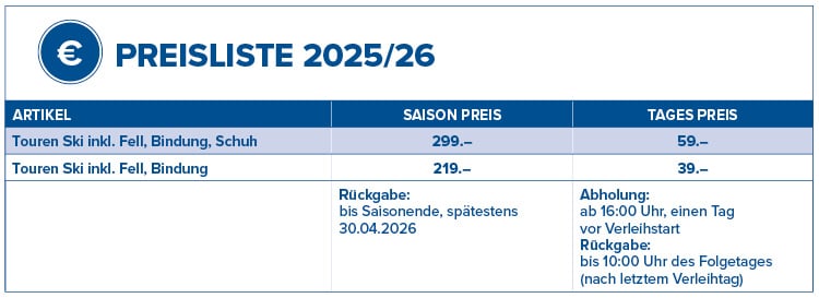 Tourenskimiete Preisliste Tourenskimiete Preisliste