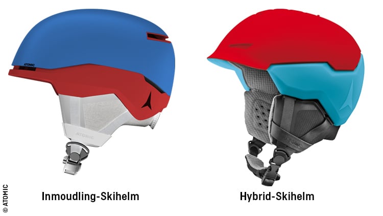 Zwei Skihelme im Vergleich: Links ein Inmoulding-Skihelm mit blauem Oberteil, rotem Mittelteil und silbernem unteren Bereich. Rechts ein Hybrid-Skihelm mit rotem Oberteil, blauem Mittelteil und schwarzem unteren Bereich mit zusätzlicher Polsterung an den Ohren. Beide Helme verfügen über Kinnriemen.