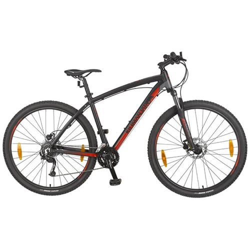 Mountainbike mit schwarzem Rahmen und roten Akzenten, Federgabel, Scheibenbremsen, grobstolligen Reifen und sportlicher Ausstattung für den Geländeeinsatz.