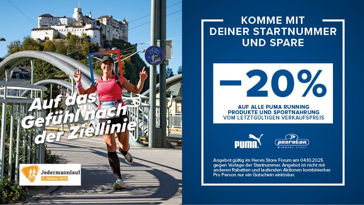 Salzburg Jedermannlauf Startnummernaktion. Mit der Startnummer vorbeikommen und -20% auf alle Puma Runningprodukte und Sportnahunrg vom letztgültigen Verkaufspreis sparen.
