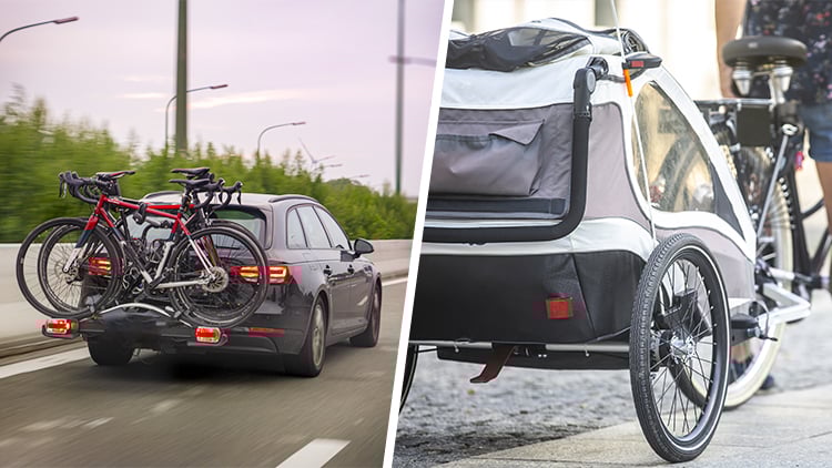 Zweiteiliges Bild: links ein Auto mit zwei Fahrrädern auf einem Heckträger, rechts ein Fahrrad mit angekoppeltem Kinderanhänger mit zwei Rädern.