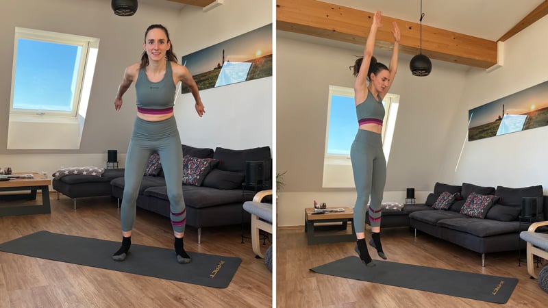 Person in Sportbekleidung macht Burpees auf einer Yogamatte