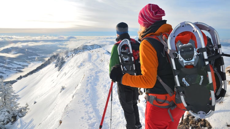 Zwei Personen stehen auf einem verschneiten Bergrücken, mit Schneeschuhen an ihren Rucksäcken befestigt. Sie tragen Winterkleidung und scheinen in einem bergigen Gebiet mit schneebedeckten Gipfeln zu wandern. Im Hintergrund ist eine malerische Aussicht auf die Landschaft zu sehen