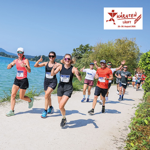 K&auml;rnten l&auml;uft. Fr&ouml;hliche Menschen laufen an einem See entlang.