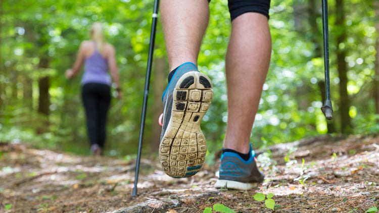Zwei Personen auf einem Waldweg beim Gehen mit Walking-Stöcken. Im Vordergrund sind die Beine und Schuhe einer Person mit blauen und schwarzen Sportschuhen zu sehen, im Hintergrund eine Person in lila Oberteil und schwarzer Hose.