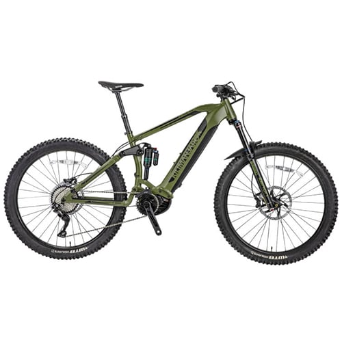 Grünes E-Mountainbike mit integriertem Mittelmotor und Akku, robuster Rahmen, Vollfederung, Scheibenbremsen und breiten Geländereifen.