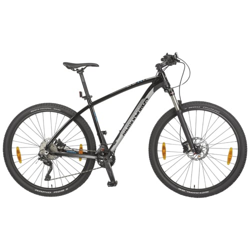 Schwarz-graues Hardtail-Mountainbike mit Frontfederung, Scheibenbremsen und grobstolligen Reifen.