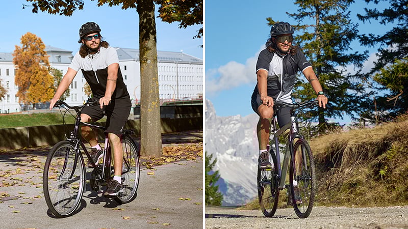 Zweiteiliges Bild: Links eine Person mit einem Trakkingbike auf einem Fahrradweg mit herbstlich gefärbten Bäumen und Laub, im Hintergrund Gebäude. Rechts dieselbe Person mit einem Moutainbike auf einem unbefestigten, bergigen Pfad mit Bäumen und Bergen im Hintergrund. In beiden Szenen trägt die Person einen Helm und Radkleidung.