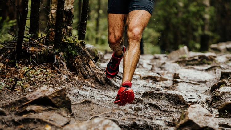 Läuferin oder Läufer mit roten Laufschuhen auf einem felsigen, matschigen Waldweg; Fokus auf den Beinen, umgeben von grünem, dichtem Wald