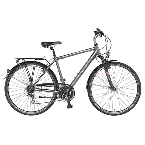 Graues Trekkingbike mit stabilem Rahmen, Federgabel, Gepäckträger, Schutzblechen, ergonomischem Lenker und reflektierenden Elementen an Pedalen und Rädern.