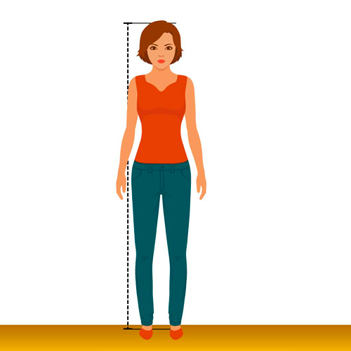 Illustration einer Person, die auf einer gelben Plattform steht. Neben der Person verläuft eine gestrichelte senkrechte Linie zur Darstellung der Körpergröße. Die Person trägt ein rotfarbenes ärmelloses Oberteil, türkisfarbene Hose und rote Schuhe