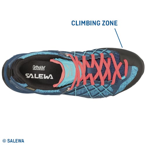 Top-Ansicht eines blauen und schwarzen Salewa-Schuhs mit roten Schnürsenkeln. Auf der Innensohle sind die Aufschriften ‚Ortholite‘ und ‚SALEWA‘ zu sehen. Ein Pfeil zeigt auf den vorderen Bereich des Schuhs, der mit ‚CLIMBING ZONE‘ beschriftet ist.