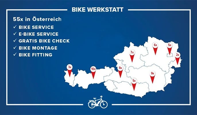 Eine Karte von &Ouml;sterreich zeigt die Standorte von 'Bike Werkstatt' mit roten Markierungen und Zahlen, die die Anzahl der Filialen angeben. Text auf der linken Seite listet Dienstleistungen auf: 'BIKE SERVICE', 'E-BIKE SERVICE', 'GRATIS BIKE CHECK', 'BIKE MONTAGE' und 'BIKE FITTING'. Oben steht: '&Uuml;ber 55x in &Ouml;sterreich'